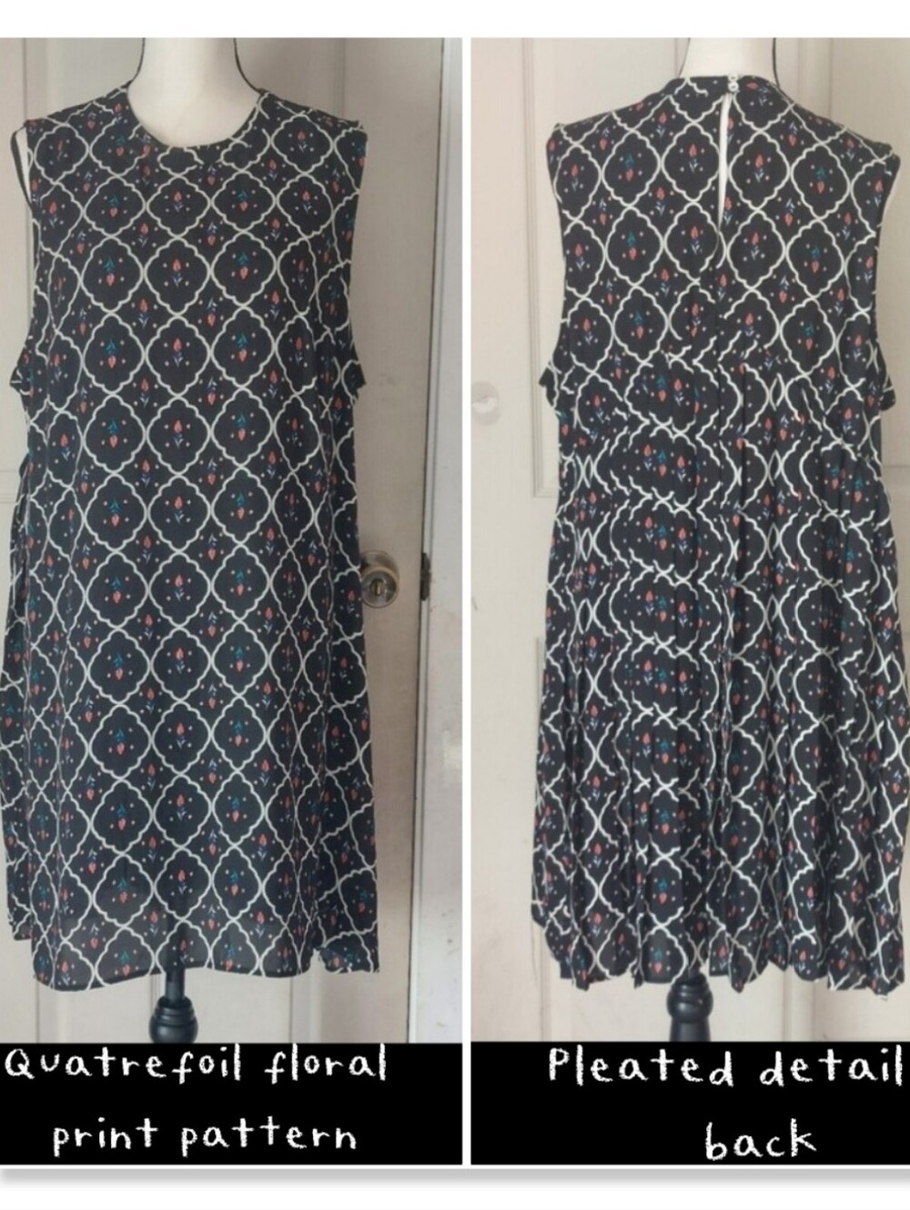 DR2 by Daniel Rainn Black Quatrefoil Floral Print Pleated Back Dress Size XXL